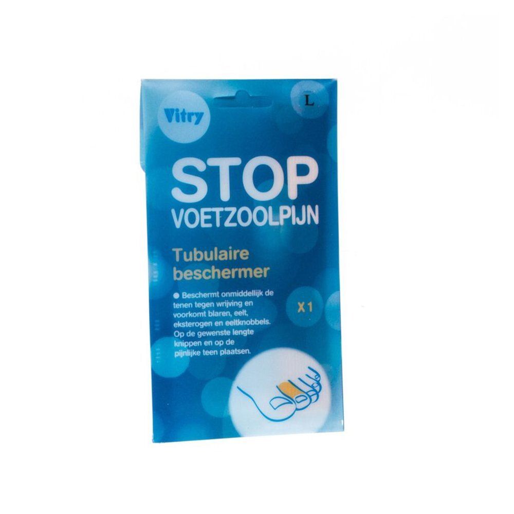 Blauwe verpakking. Tekst: Vitry, STOP VOETZOOLPIJN, Tubulaire beschermer, Cut-to-size Gel Tube. Illustratie van een voet.