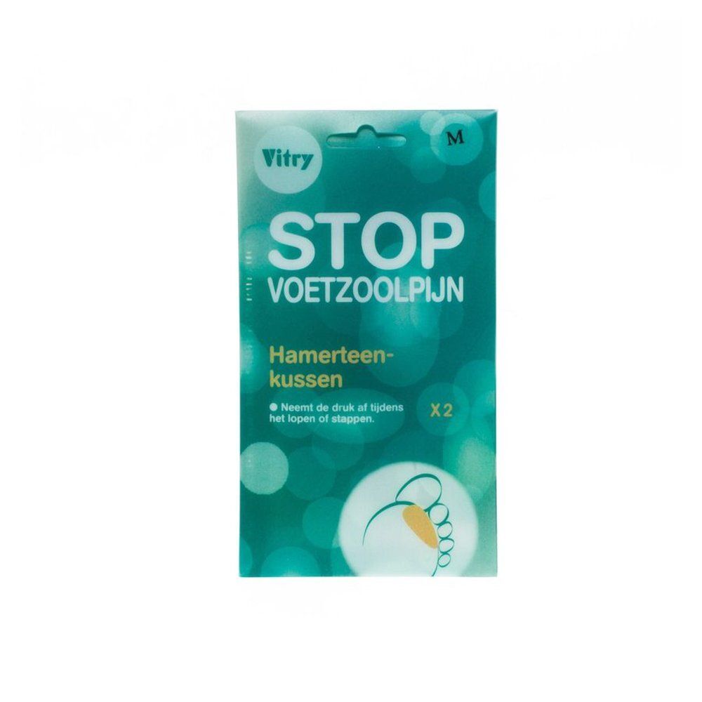 Vitry verpakking. Tekst: STOP VOETZOOLPIJN, hamertenenkussen. Maat M. Bevat 2 kussens.