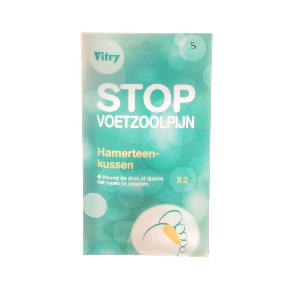 Verpakking Vitry. Tekst: Stop Voetzoolpijn. Hamertenenkussen. Bevat 2 stuks. Maat S.