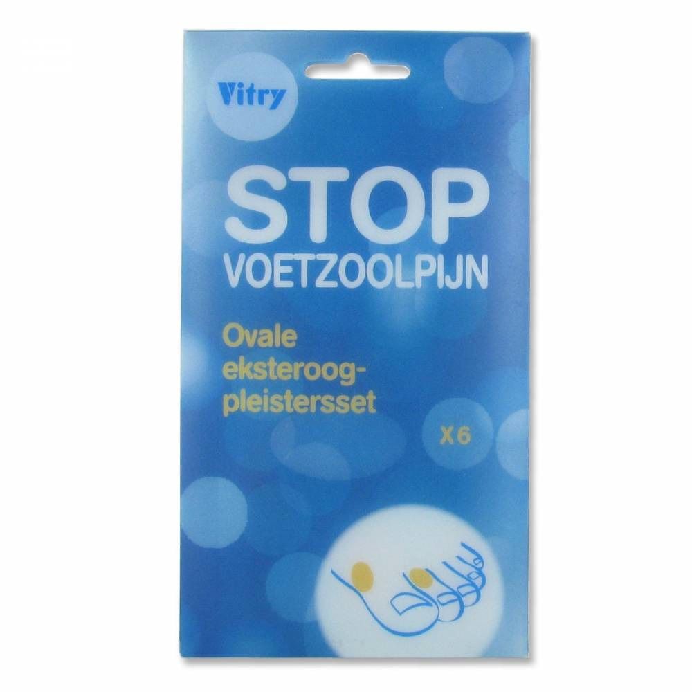 Emballage bleu 'Vitry'. Texte: 'STOP VOETZOOLPIJN'. Set de pansements ovales. Contient 6 pièces. Illustration d'un pied.