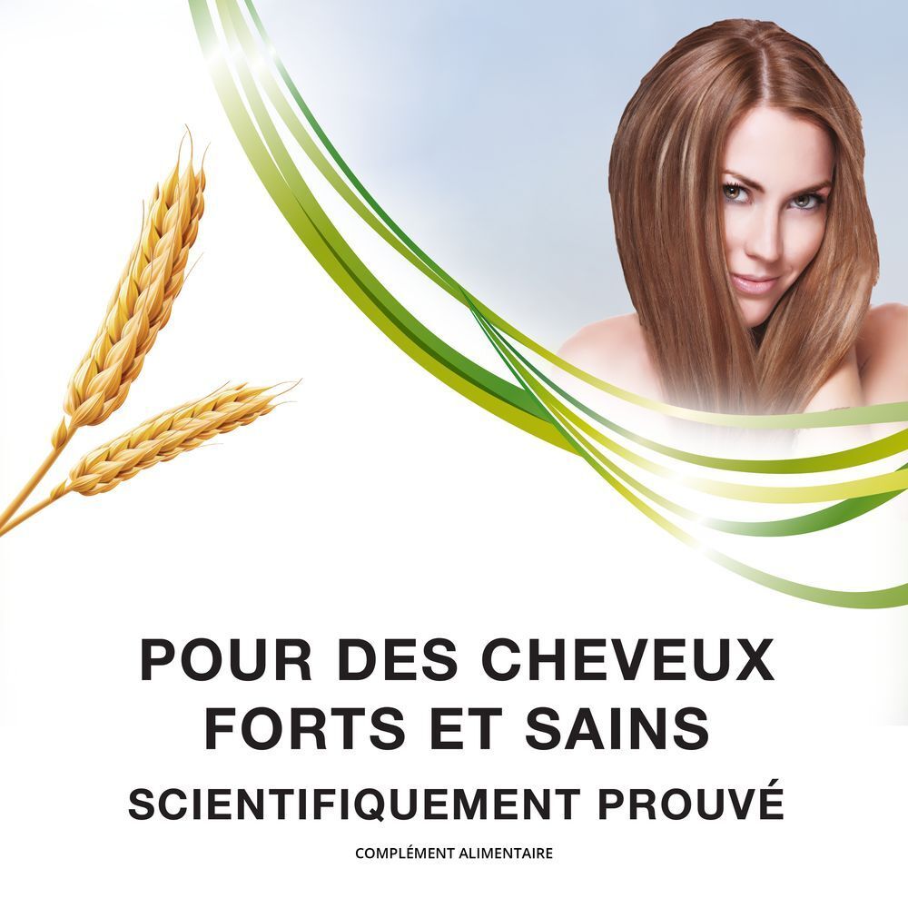 Emballage Priorin. Texte: Contre la chute des cheveux. 60 gélules. Image: femme, cheveux, gélules.