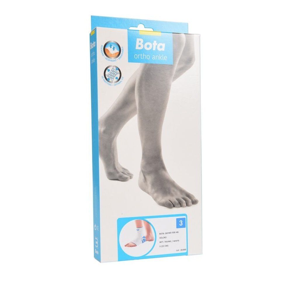 Emballage de l'attelle de cheville Bota Plus AB. Vue de face. Montre une paire de jambes et une image du produit.