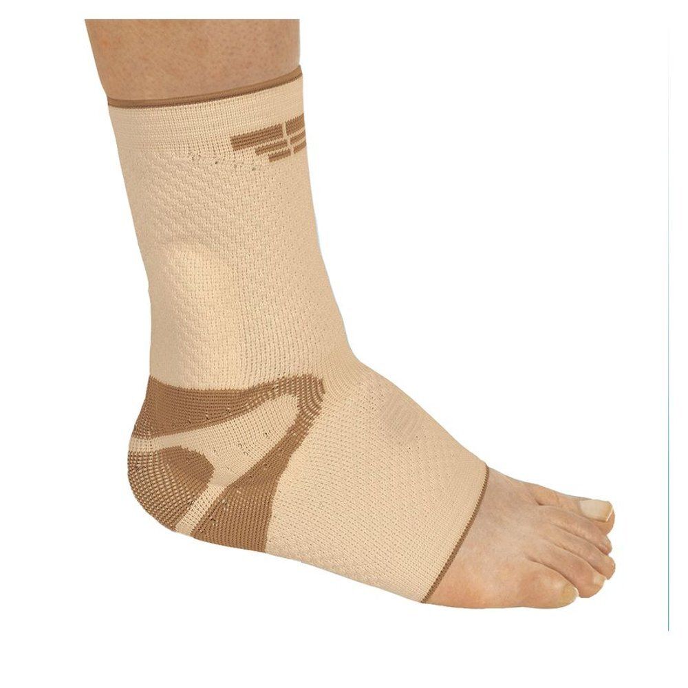 Attelle de cheville beige. Détails bruns au talon et à la cheville. Logo en haut. Pied ouvert.