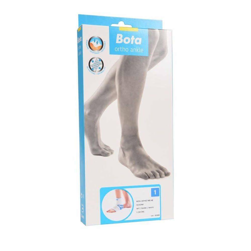 Verpakking voor enkelbrace. Toont beenillustratie en productafbeelding. Tekst: Bota ortho ankle.