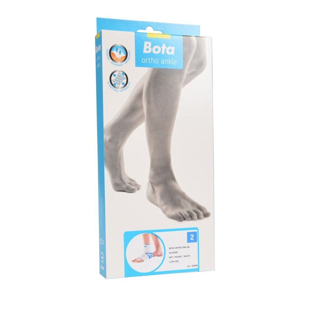 Emballage de Bota Ortho AB 940. Montre une jambe avec attelle de cheville. Emballage bleu et blanc avec image du produit.