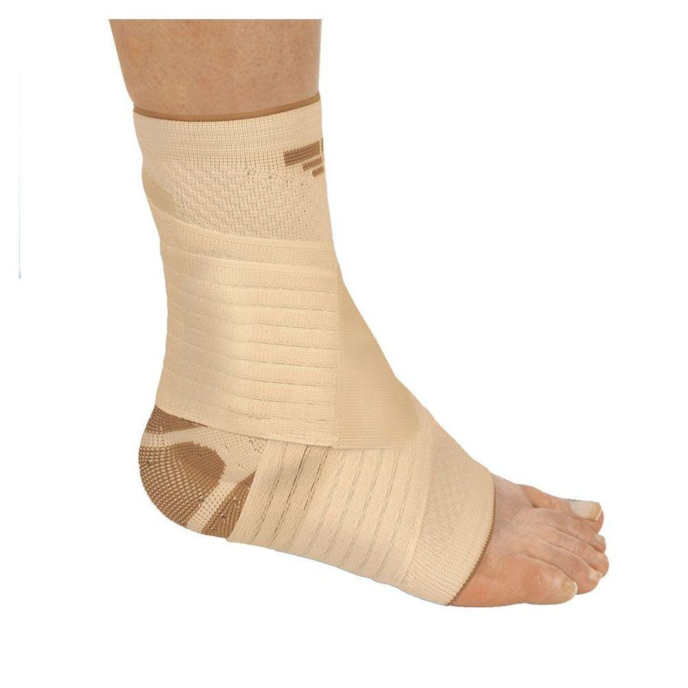 Huidkleurige enkelbrace. Beige met bruine accenten. Klittenband en siliconen.