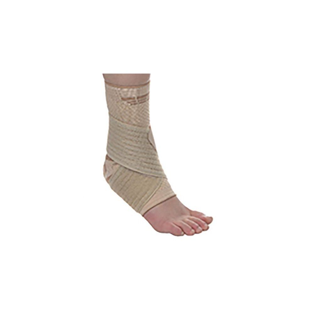 Attelle de cheville beige. Fermeture velcro. Silicone. Attelle sur le pied. Vue latérale.