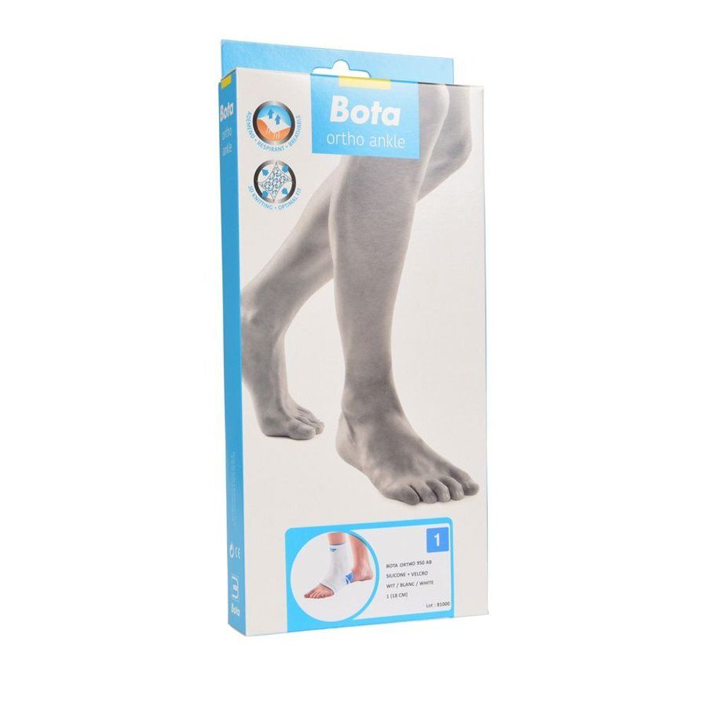 Verpakking voor Bota Ortho enkelbrace. Productafbeelding. Blauw en witte doos.
