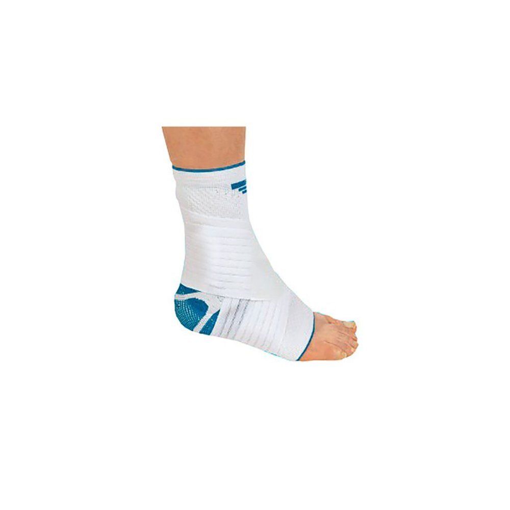Wit-blauwe enkelbrace. Met klittenband en siliconen. Toont de voet en het onderbeen.