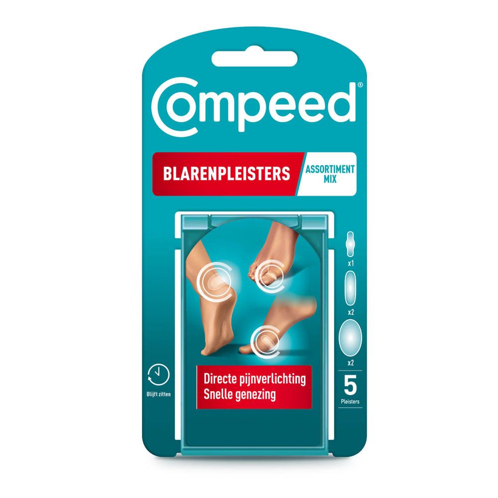 Compeed® Blarenpleisters Mixpack. Verpakking met pleisters. Verschillende maten.