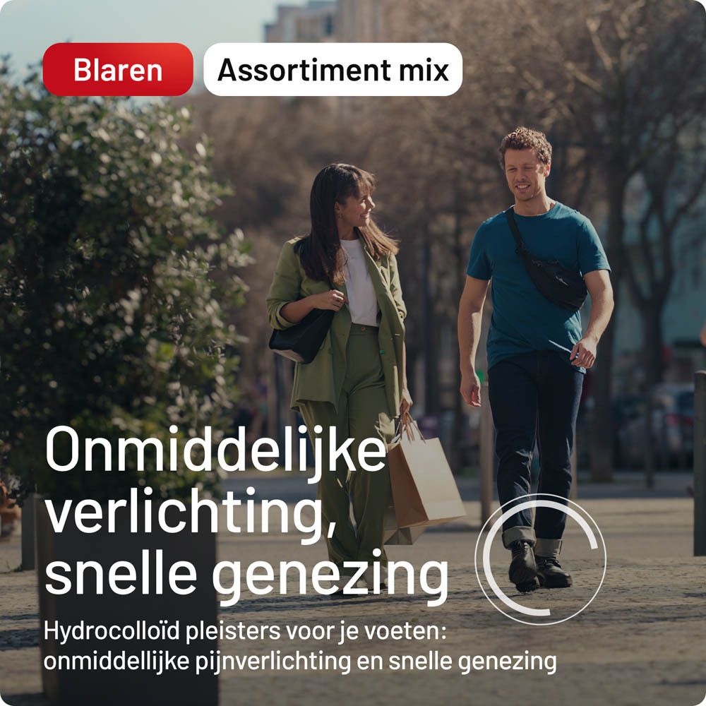 Achterkant van de Compeed® Blarenpleisters Mixpack verpakking. Informatie en gebruik.