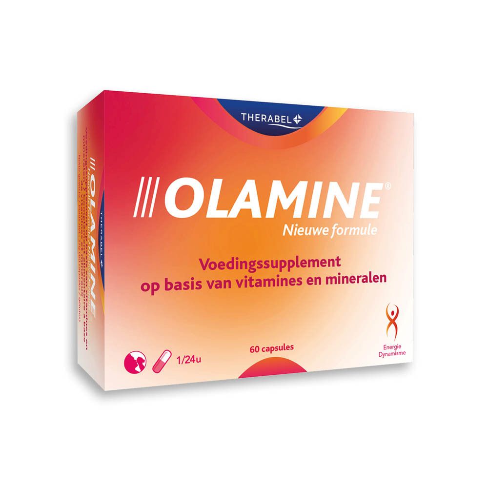 Olamin verpakking. Bevat informatie over vitaminen en mineralen. Nieuwe formule. 60 capsules.
