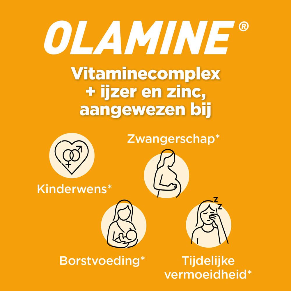 Olamin verpakking. Bevat informatie over vitaminen en mineralen. Nieuwe formule. 60 capsules.