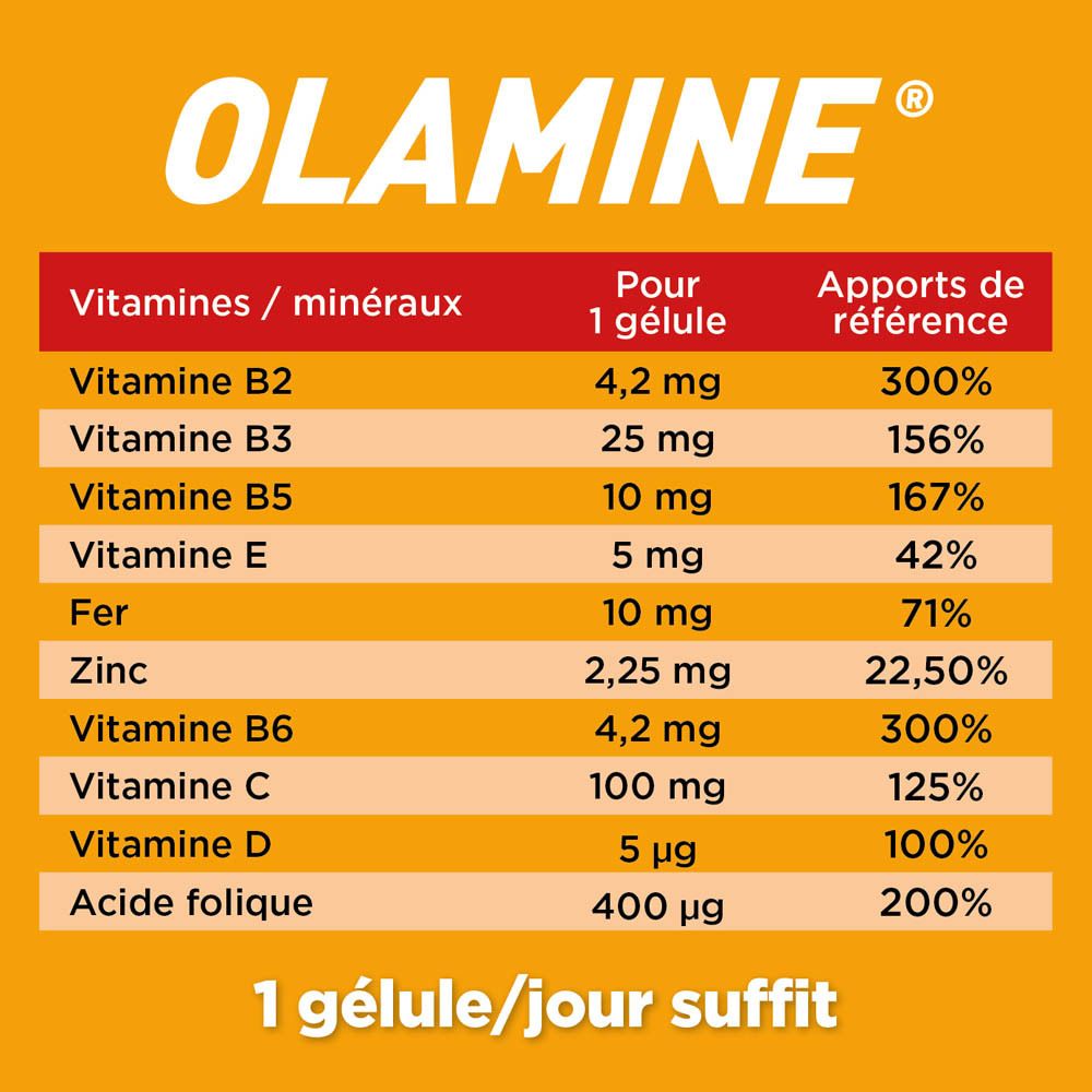 Emballage Olamin. Contient des informations sur les vitamines et minéraux. Nouvelle formule. 60 gélules.