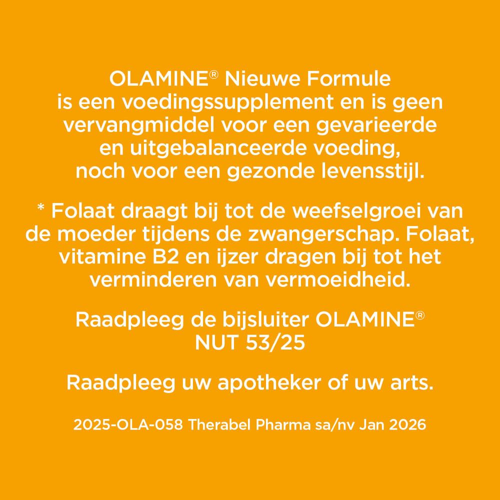 Olamin verpakking. Bevat informatie over vitaminen en mineralen. Nieuwe formule. 60 capsules.
