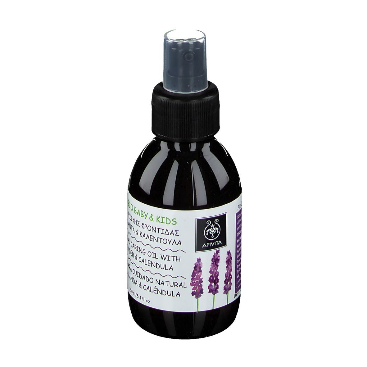 Donkere fles met verstuiver. Opschrift: ECO-BIO BABY & KIDS, Natural Caring Oil met Lavendel & Calendula. Apivita logo.