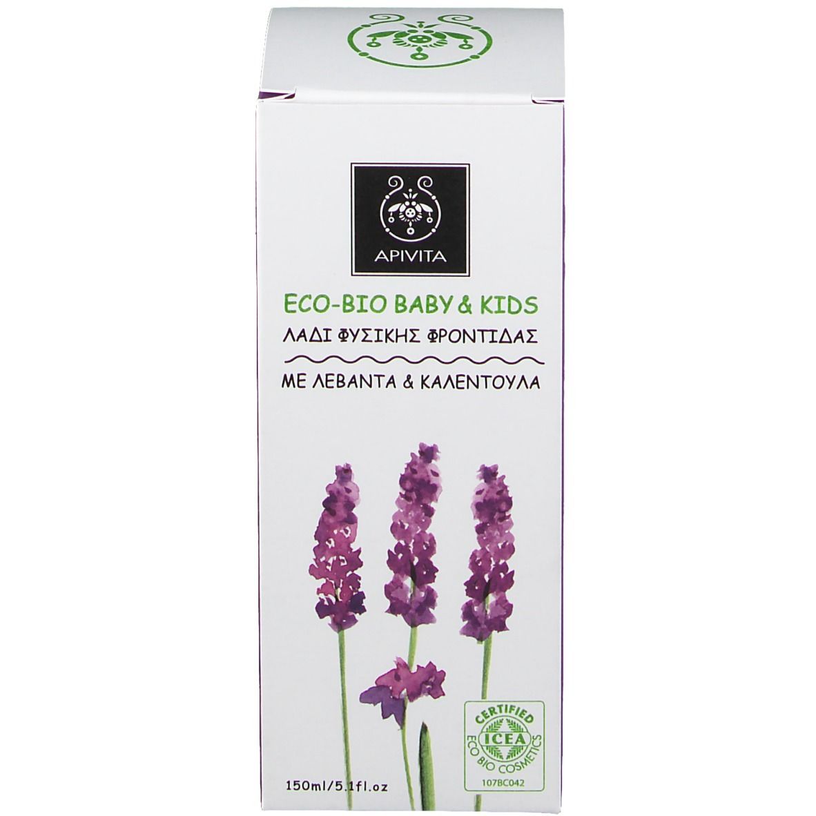 Productverpakking. Witte doos met opschrift: ECO-BIO BABY & KIDS, Natural Caring Oil. Apivita logo. Certificering.