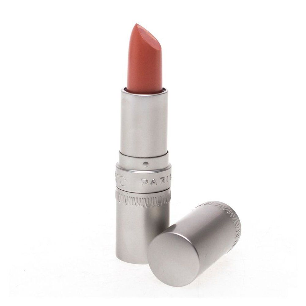 T.LeClerc lippenstift. Zilverkleurige stick met rode lippenstift. Open.