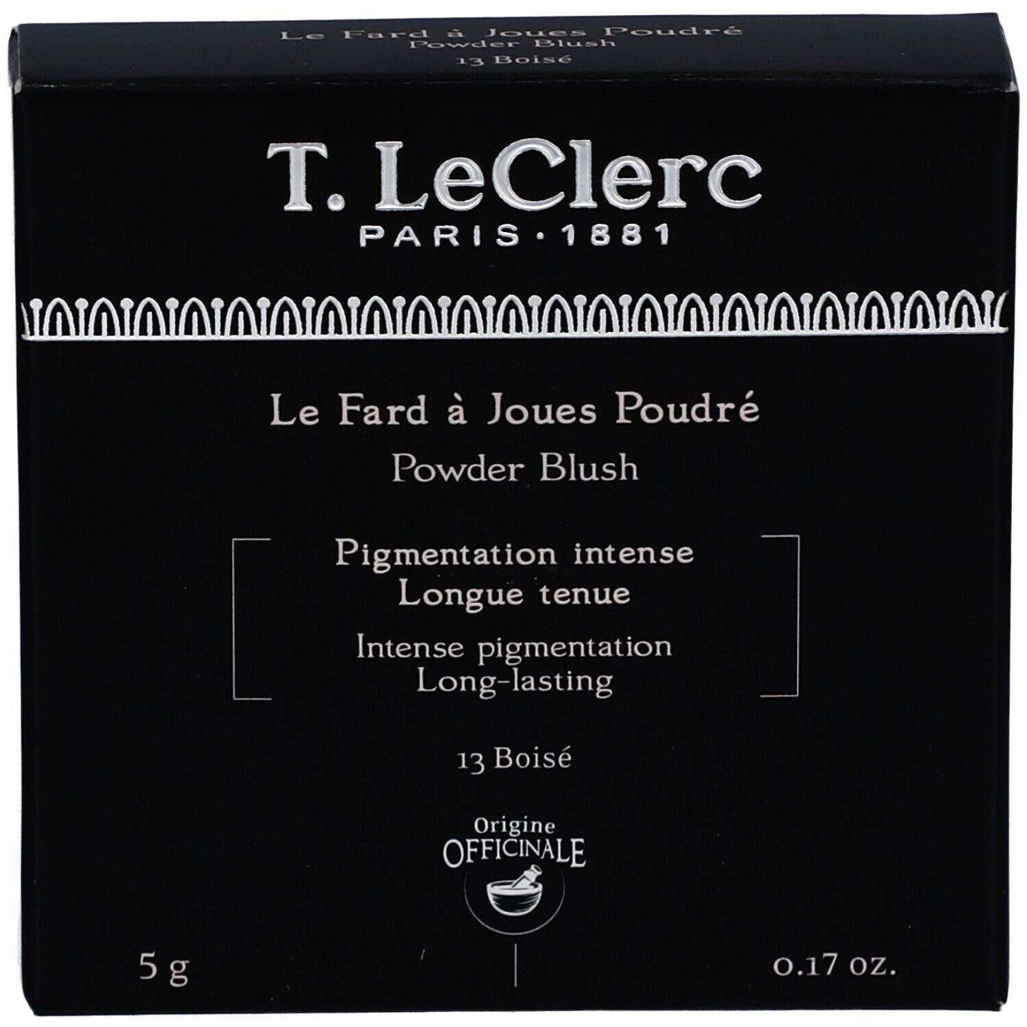 Zwarte verpakking. Opschrift: T. LeClerc Paris. Productnaam: Powder Blush. Details: Pigmentation intense, Longue tenue.