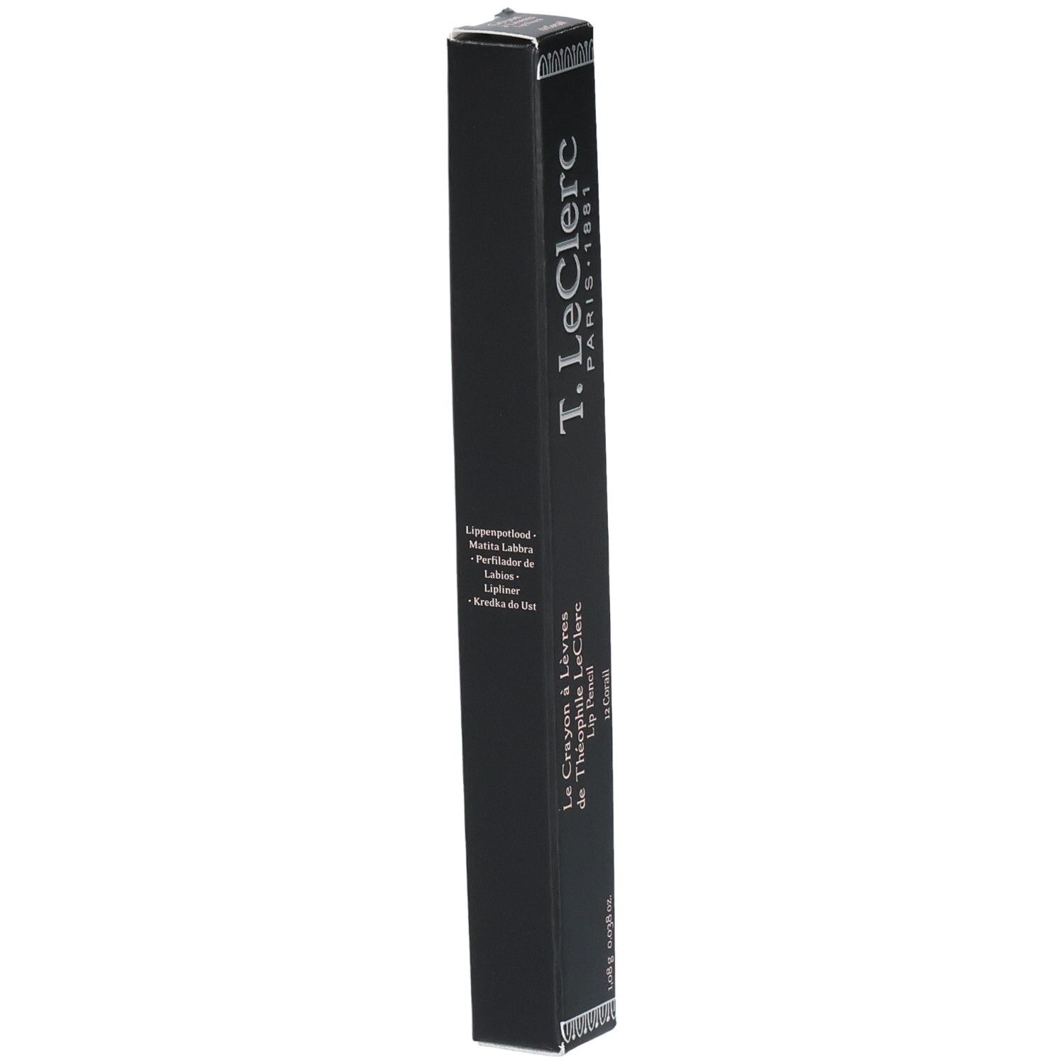 Zwarte verpakking met productnaam en details. T. LeClerc Lip Pencil. Meerdere talen. 0,98g.