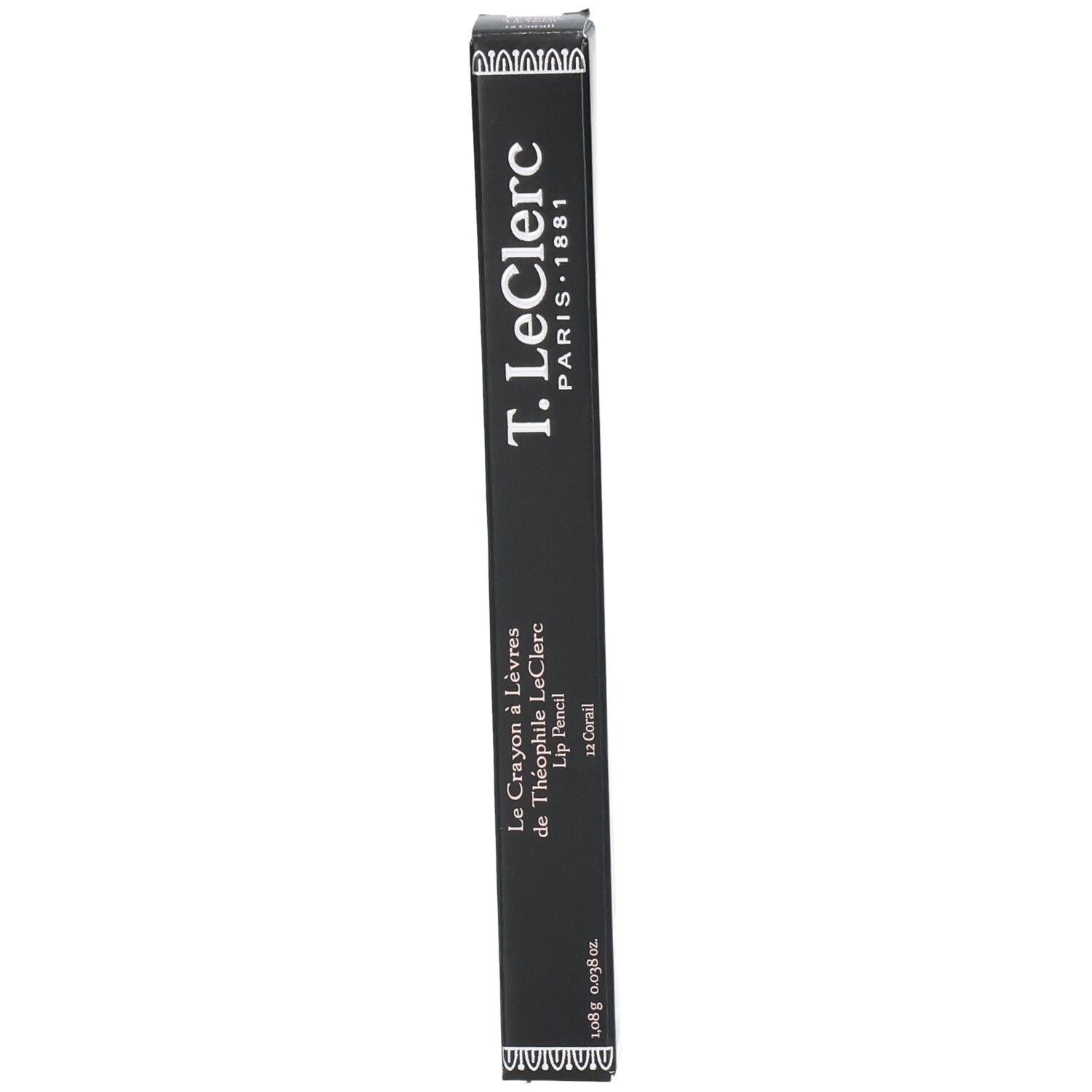 Zwarte verpakking met productnaam en details. T. LeClerc Paris 1881. Lip Pencil, Coral. 0,98g.