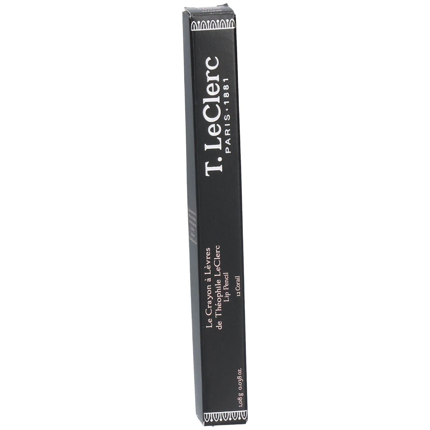 Zwarte verpakking met productnaam en details. T. LeClerc Paris 1881. Lip Pencil, Coral. 0,98g.