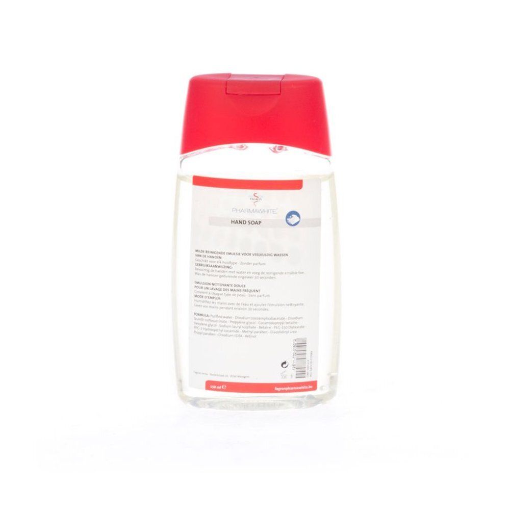 Flacon transparent avec bouchon rouge. Inscription: Hand Soap. Étiquette avec informations produit. Pharmawhite Fagron.