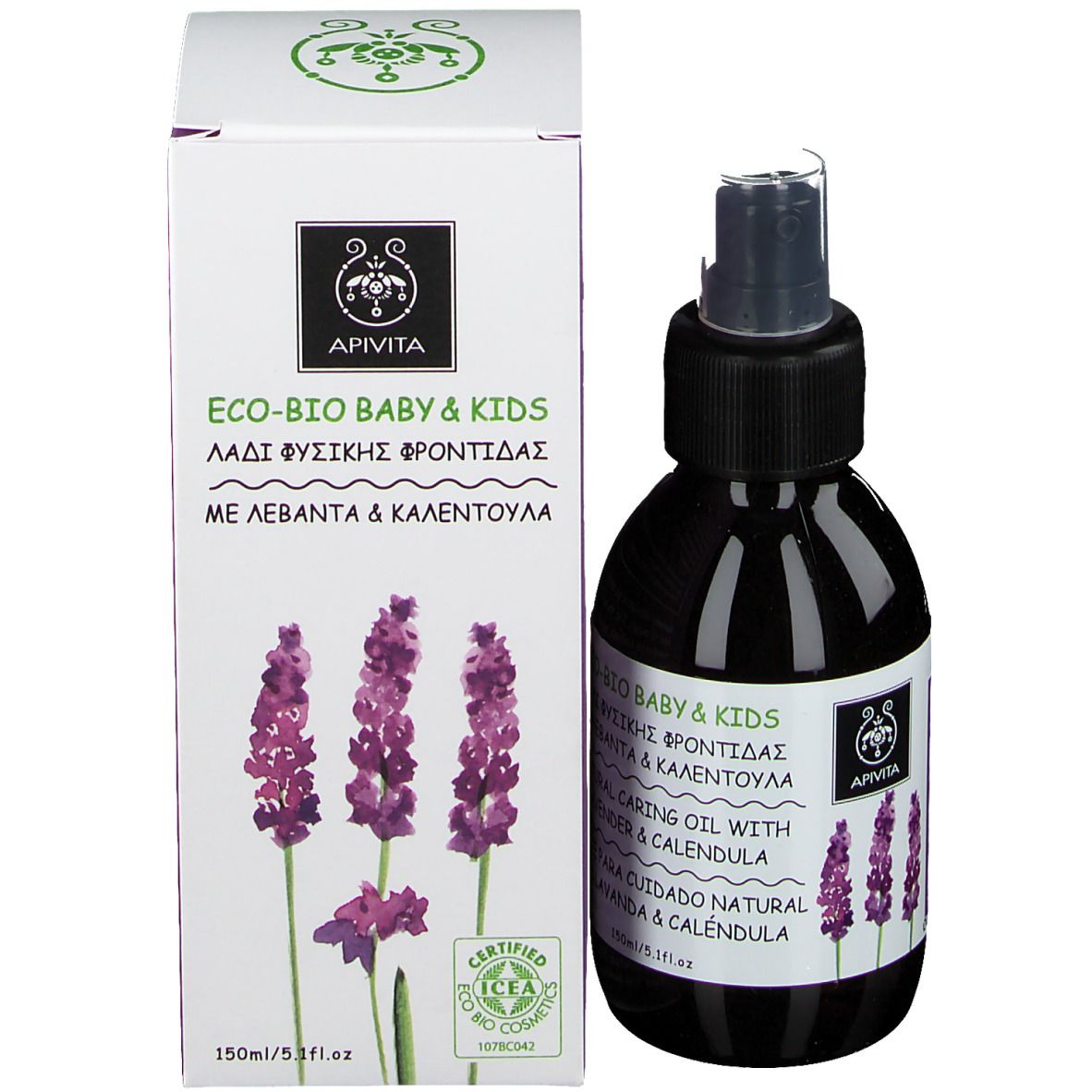 Productverpakking met fles. Witte doos met opschrift: ECO-BIO BABY & KIDS, Natural Caring Oil. Apivita logo. Certificering.
