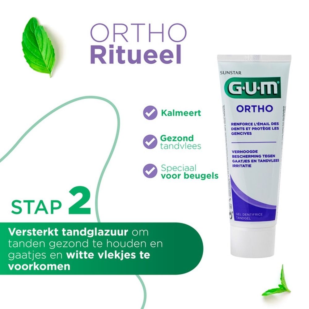 Tandpastatube, wit. G.U.M. Ortho-logo. Tekst: Beschermt tanden, beschermt tandvlees. Expert-logo.