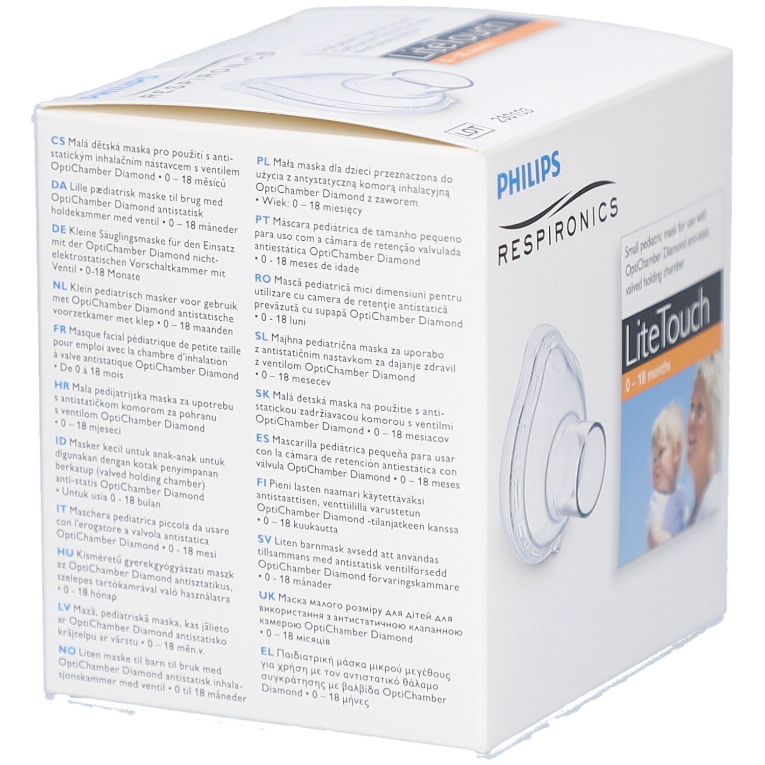 Verpakking van Philips Respironics. Meertalige tekst. Bevat LiteTouch masker voor 0-18 maanden.