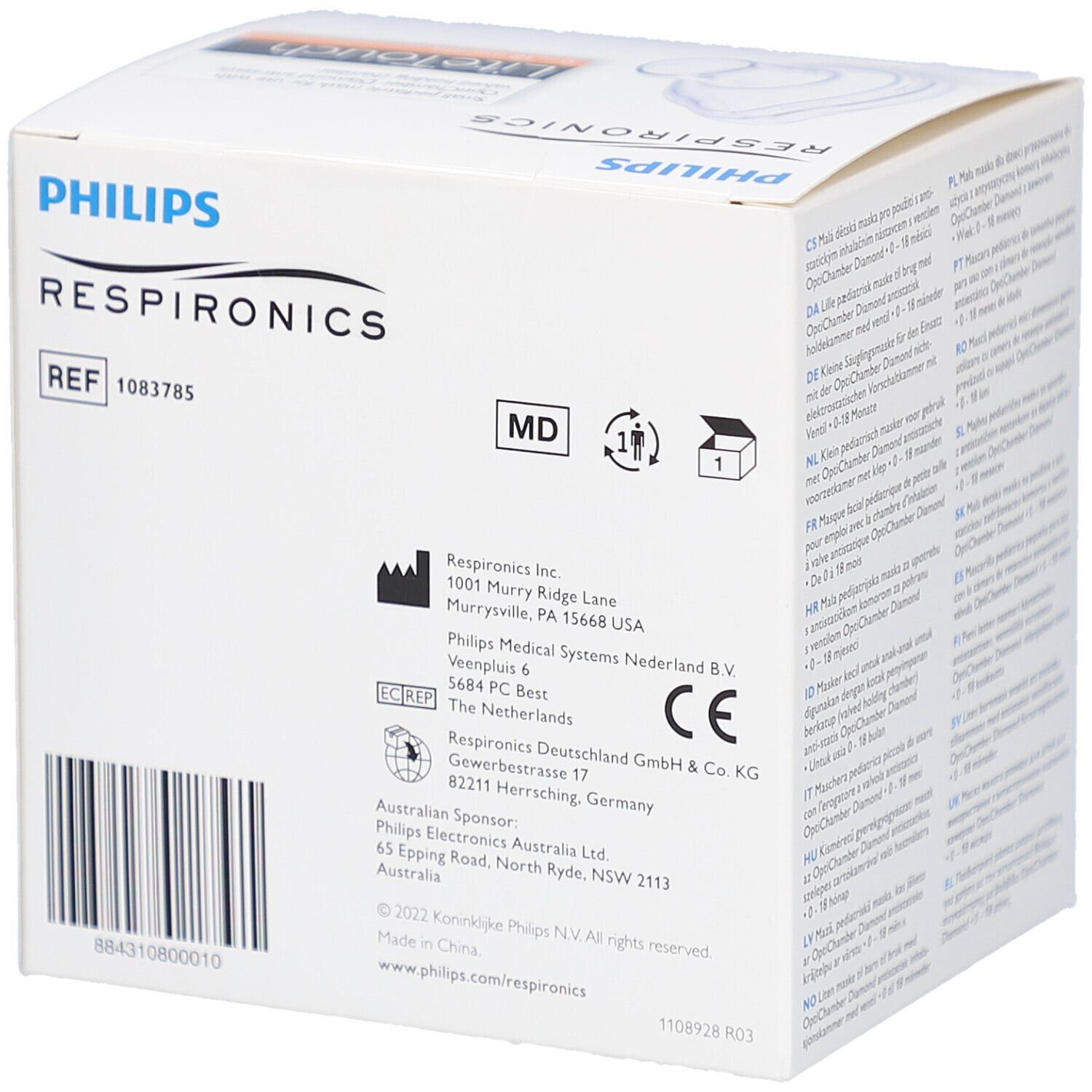 Verpakking van Philips Respironics. Informatie en certificeringen. LiteTouch masker.