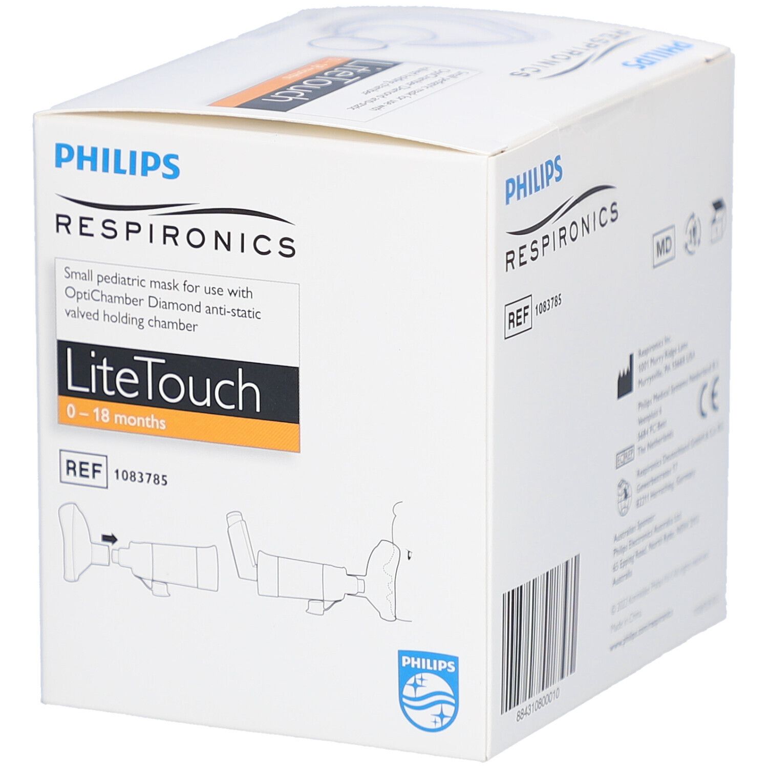 Verpakking van Philips Respironics. Bevat LiteTouch masker voor 0-18 maanden. Met afbeelding.