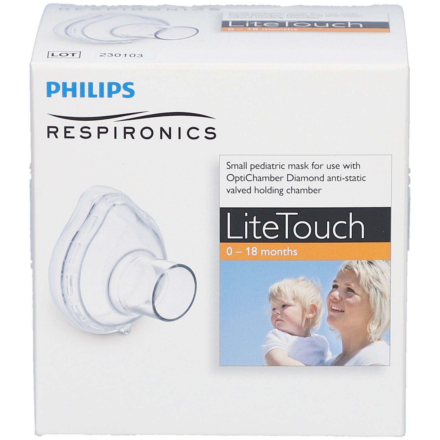 Verpakking van Philips Respironics. Bevat LiteTouch masker voor 0-18 maanden. Met afbeelding.