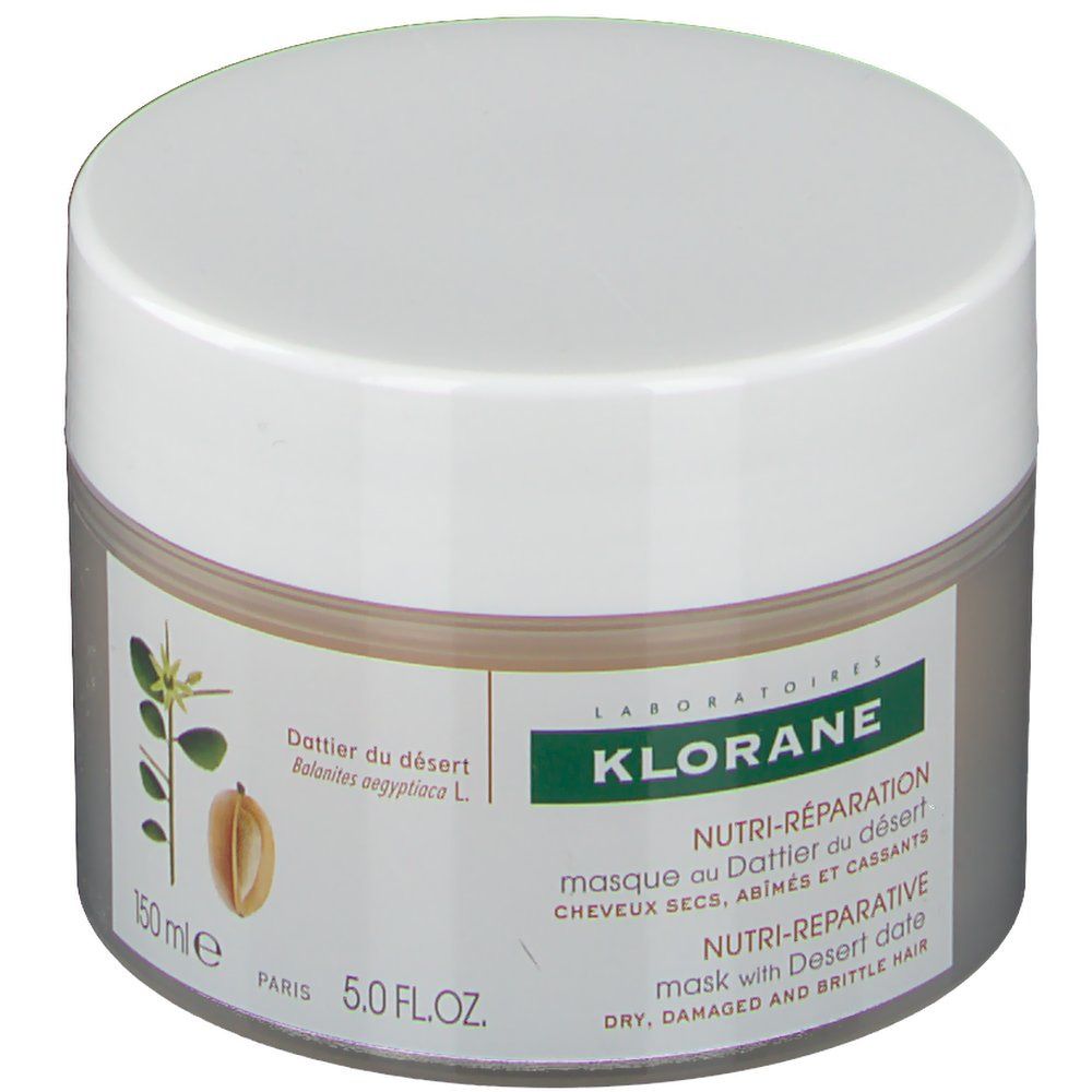 Pot de crème avec couvercle blanc. Inscription: KLORANE, Nutri-Réparation, masque à la datte du désert. 150 ml.