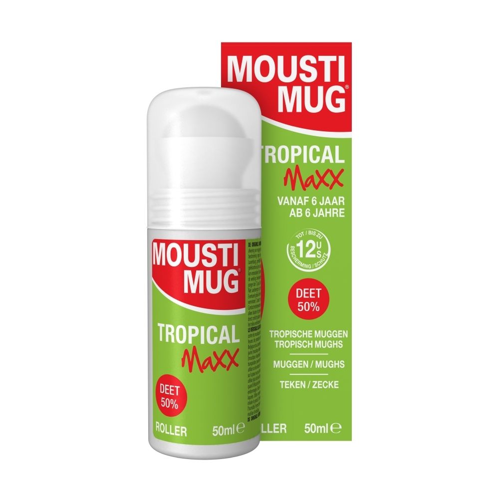 Moustimug Tropical Maxx Roller met 50% DEET, voorkant van de verpakking in het Nederlands.