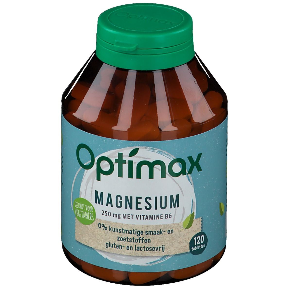 Bruine fles met groene dop. Opschrift: Optimax Magnesium 250 mg met vitamine B6. 120 tabletten. Geschikt voor vegetariërs.