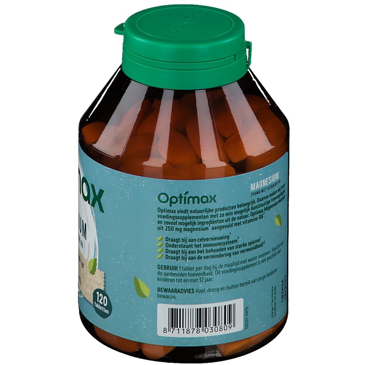 Achterkant bruine fles met groene dop. Tekst: Optimax Magnesium. 120 tabletten. Ingrediënten en gebruiksaanwijzing.