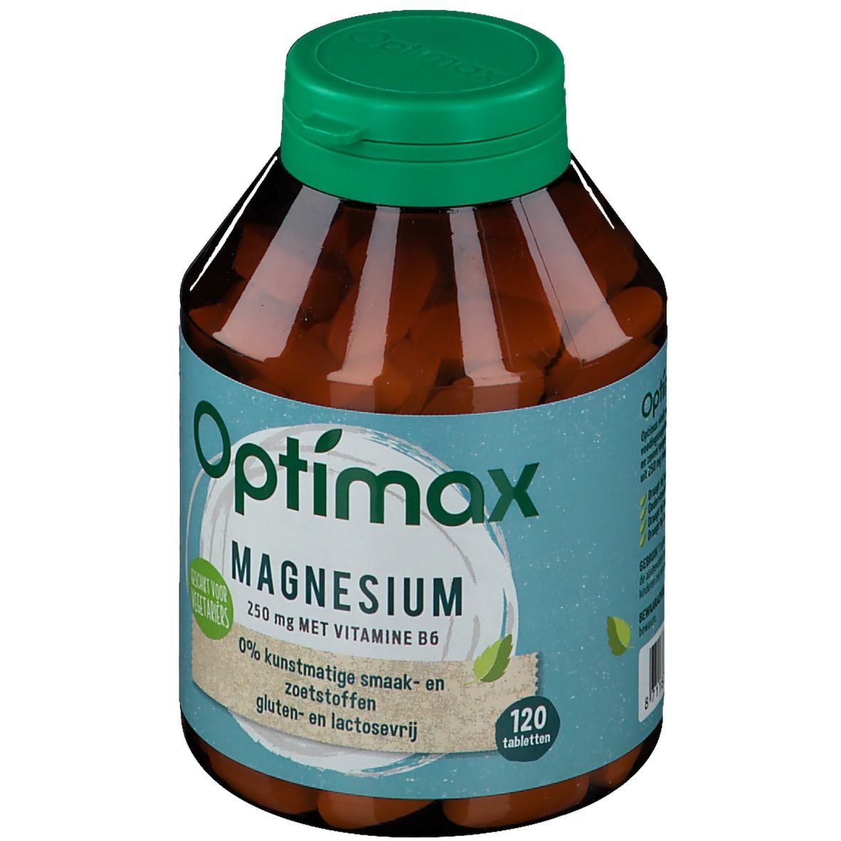 Bruine fles met groene dop. Opschrift: Optimax Magnesium 250 mg met vitamine B6. 120 tabletten.