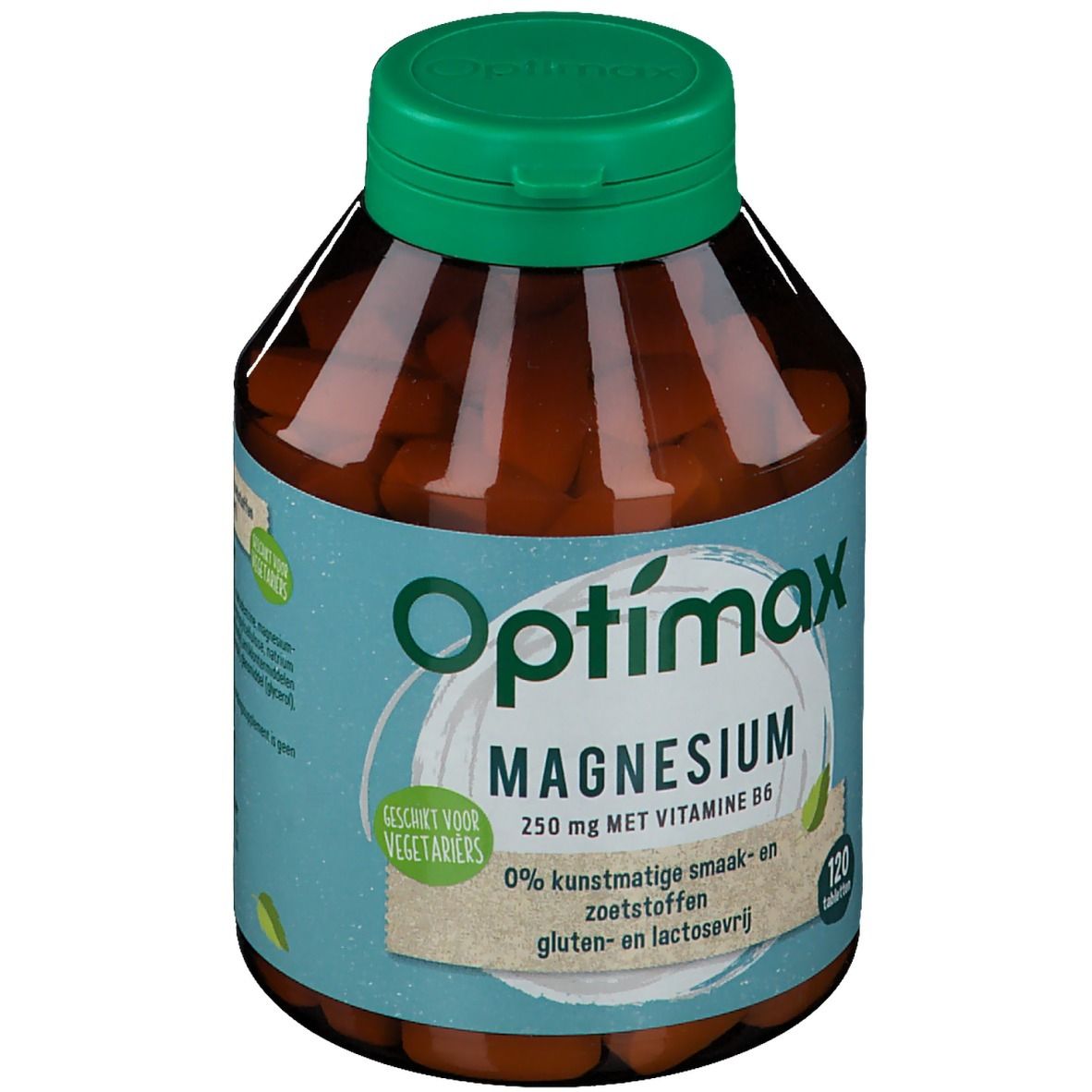 Bruine fles met groene dop. Opschrift: Optimax Magnesium 250 mg met vitamine B6. 120 tabletten. Geschikt voor vegetariërs.