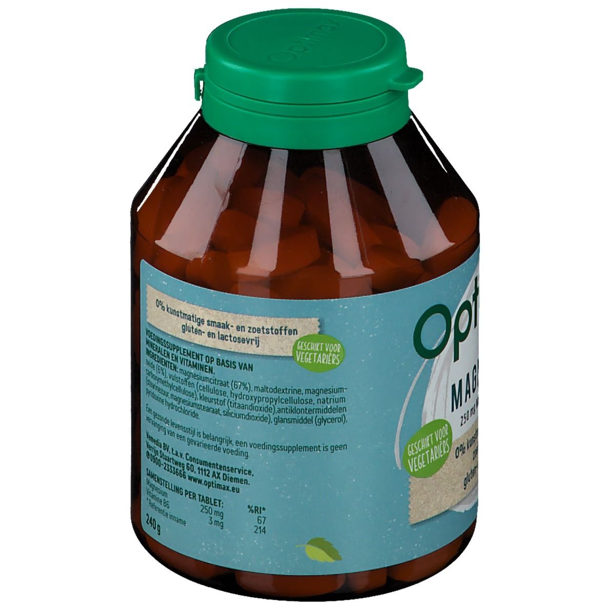 Achterkant bruine fles met groene dop. Tekst: Optimax Magnesium. Ingrediënten, voedingswaarde, geschikt voor vegetariërs.
