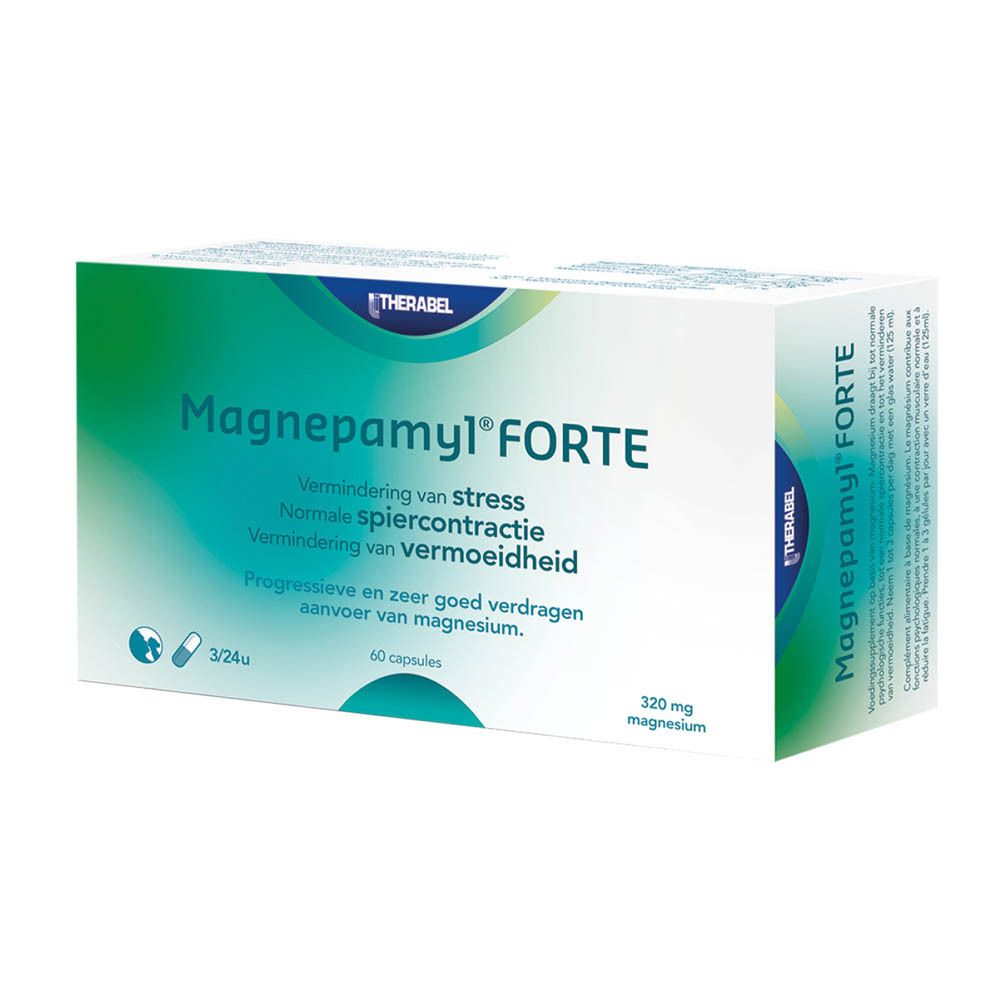 Doos Magnepamyl Forte. Opschrift: Vermindering van stress, Normale spiercontractie, Vermindering van vermoeidheid. Bevat 60 capsules.