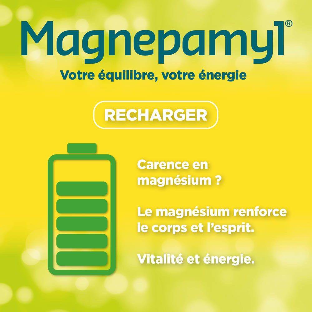 Publicité Magnepamyl. Fond jaune, batterie verte. Texte: Carence en magnésium? Le magnésium renforce le corps et l'esprit.
