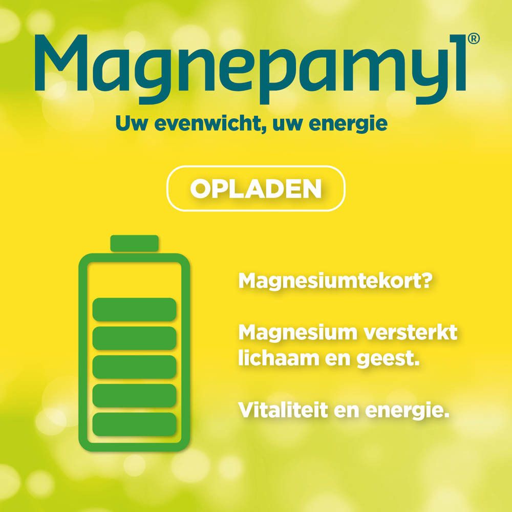 Reclame voor Magnepamyl. Gele achtergrond, groene batterij. Tekst: Magnesiumtekort? Magnesium versterkt lichaam en geest.