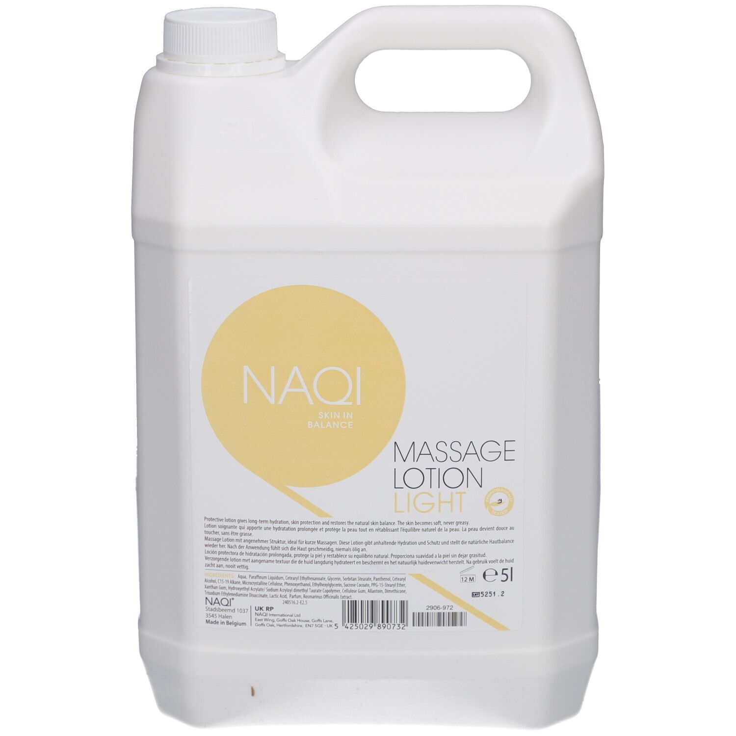 Witte jerrycan met handvat en schroefdop. Geel etiket met tekst NAQI Massage Lotion Light. Volume: 5l.