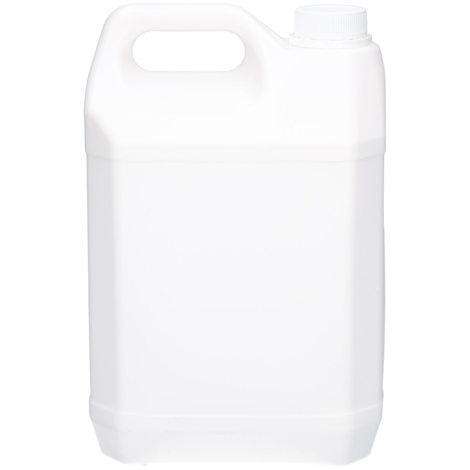 Witte jerrycan met handvat en schroefdop. Geen belettering zichtbaar.