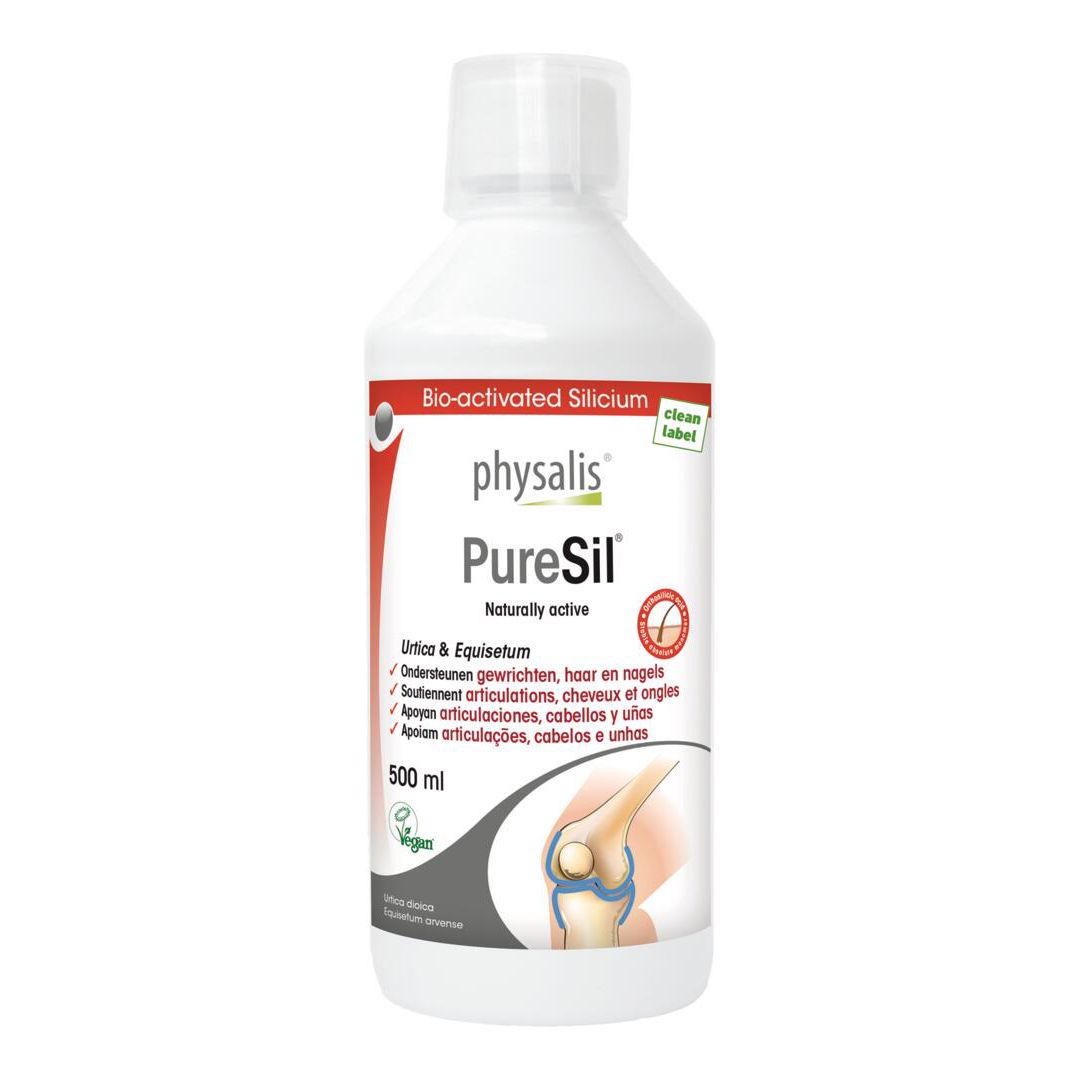Witte fles met rood etiket. Opschrift: physalis PureSil, Bio-activated Silicium. Illustratie van een gewricht. 500 ml.