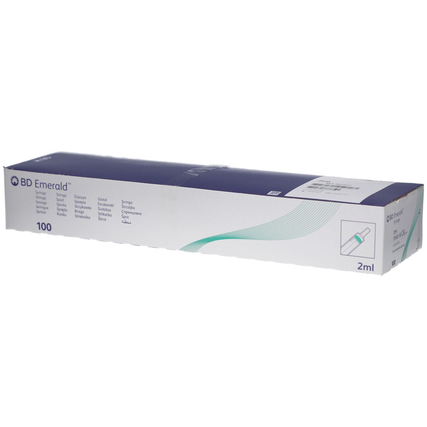 Emballage en carton blanc et bleu, logo et détails du produit. Contient 100 seringues. Marquage 2 ml.