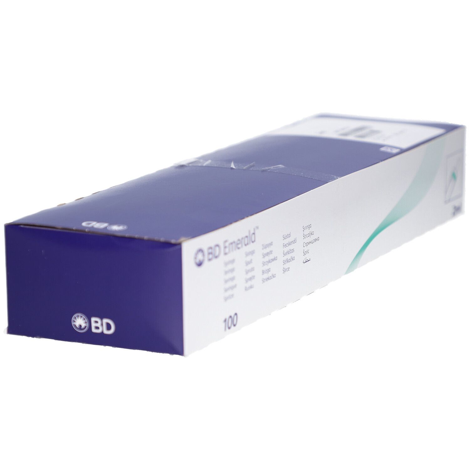 Emballage en carton blanc et bleu, logo et détails du produit. Contient 100 seringues. Logo BD Emerald.