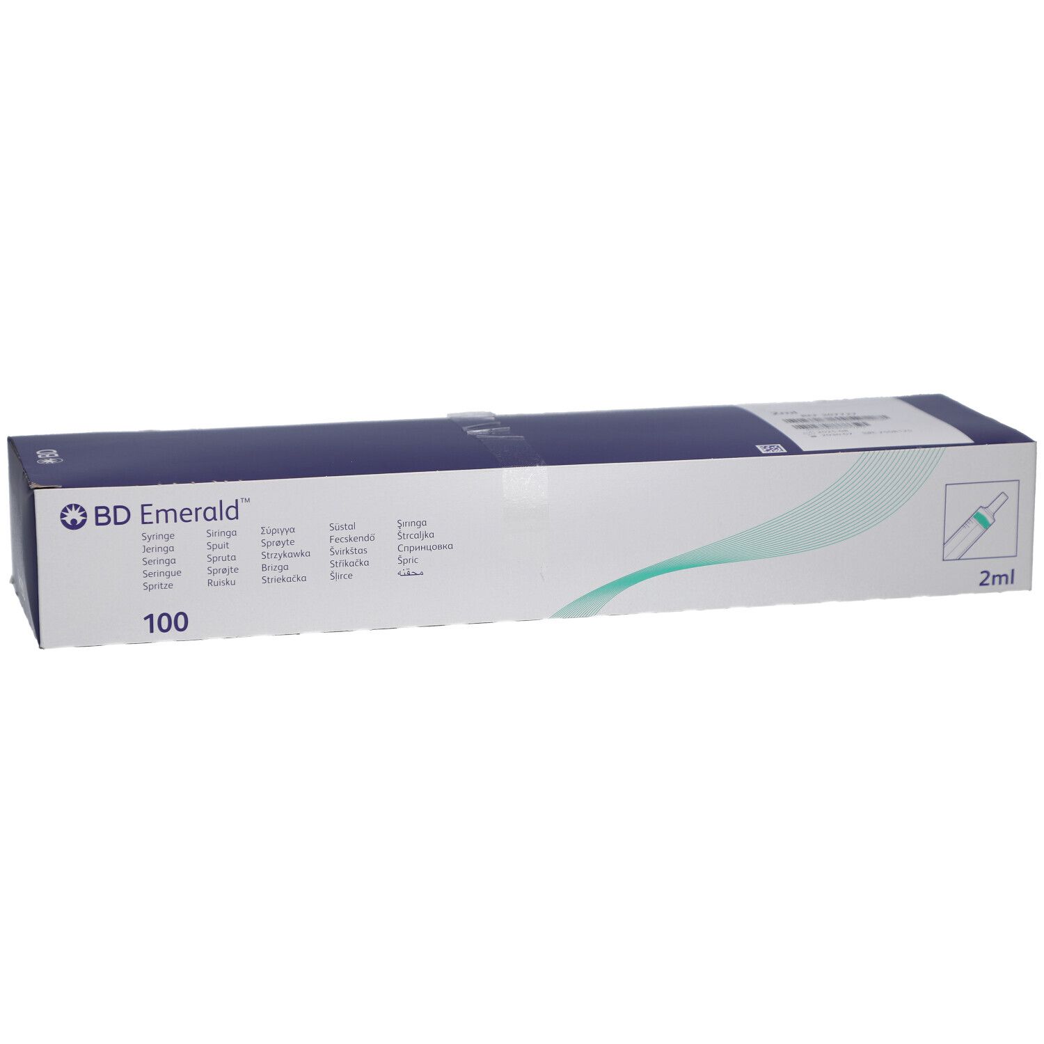 Emballage en carton blanc et bleu, logo et détails du produit. Contient 100 seringues. Marquage 2 ml.