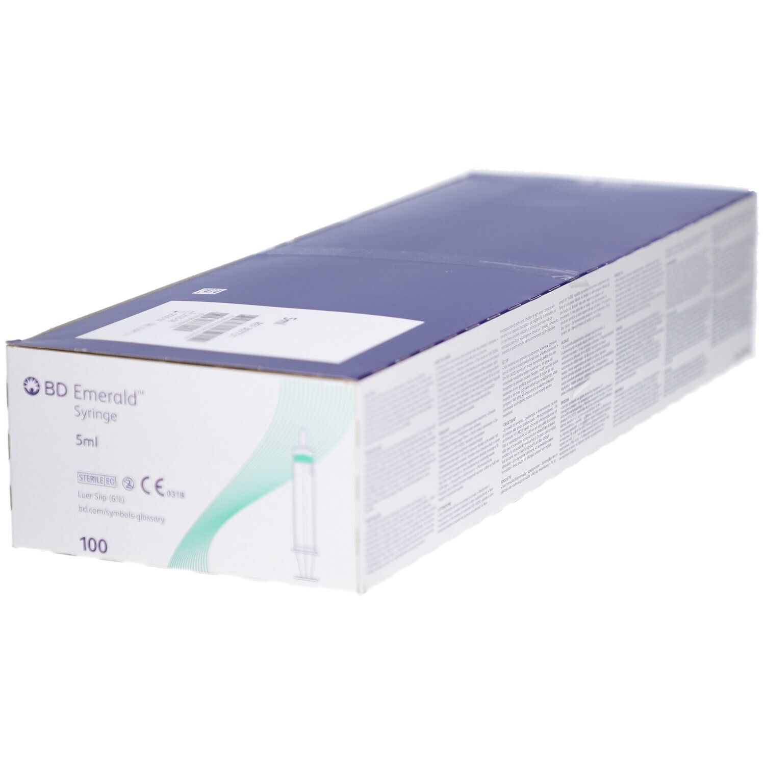 Boîte de seringues BD Emerald. Inscription : 5 ml, 100. Emballage bleu et blanc.